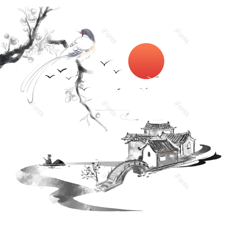 水墨图片,中国风元素,插画PNG,树枝免抠素材